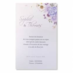 Carte d'invitation mariage avec bouquet de fleurs violettes