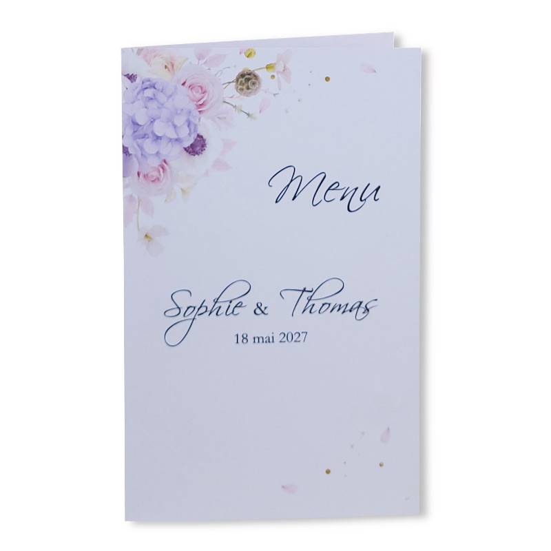 Menu de mariage s'ouvrant en deux, avec fleurs roses printanière sur la couverture