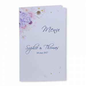 Menu de mariage s'ouvrant en deux, avec fleurs roses printanière sur la couverture