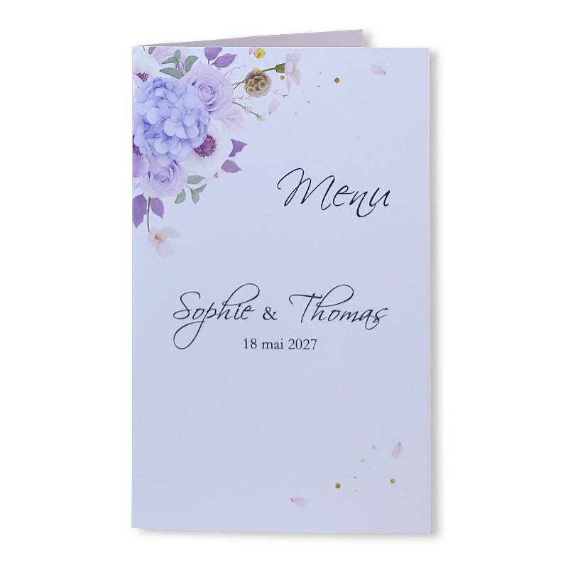 Menu de mariage s'ouvrant en deux, avec fleurs mauve et violettes sur la couverture