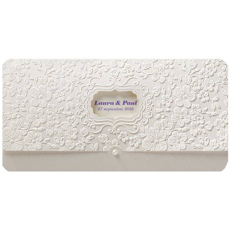Faire part mariage classique pochette crème irisé fleurs encre de Suède BELARTO Romantic 726065 Faire part mariage classique pochette crème irisé fleurs encre de Suède BELARTO Romantic 726065