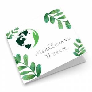 Carte de vœux sur le thème de l'environnement, illustrée de feuillages verts et d'un globe vert également