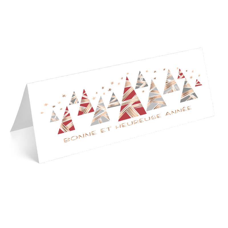 Carte de vœux classique, illustrée de sapins de Noël stylisés en gris, rouge et doré