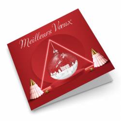 Carte de vœux évoquant l'hiver et la période des fêtes de fin d'année sur fond rouge chaleureux