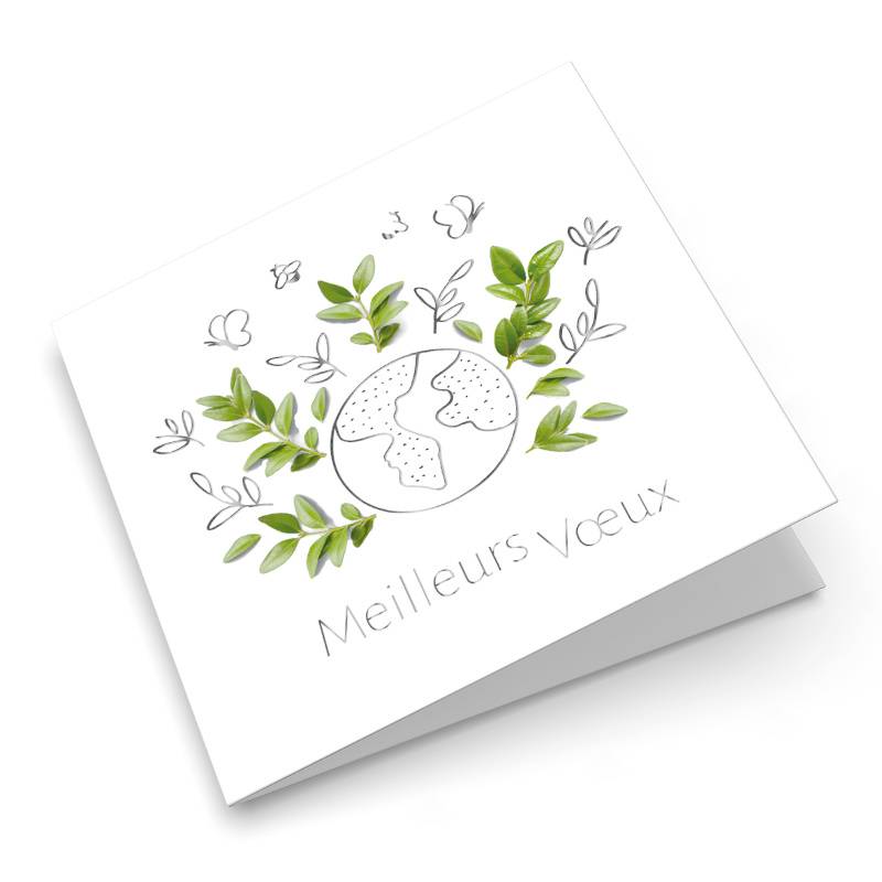 Carte de vœux présentant des rameaux d'olivier, des papillons et des fleurs entourant notre planète