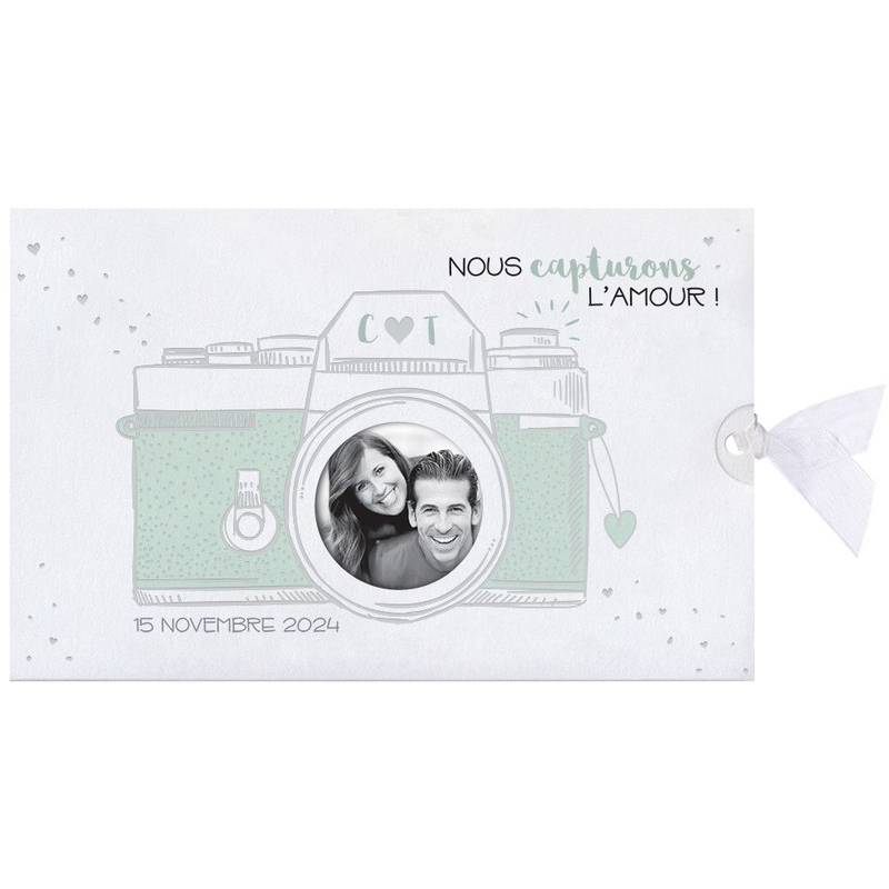 Faire-part mariage original appareil photo blanc vert BELARTO Collection Mariage 620009