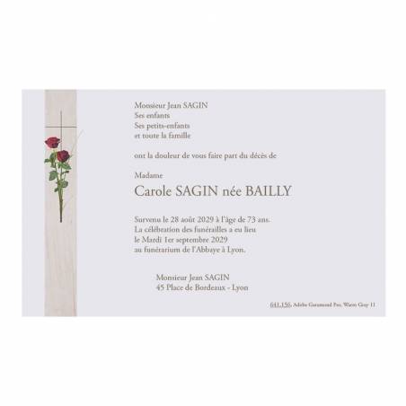 Carte remerciement décès roses et croix catholique 641.156