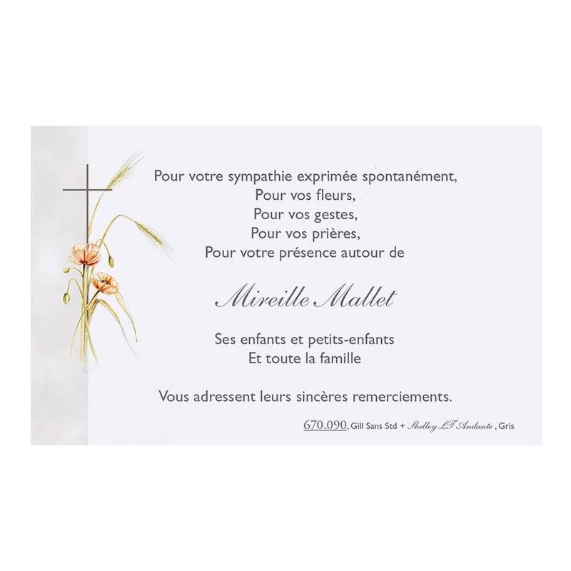 Carte remerciement décès coquelicots, épis de blé et croix catholique Buromac 670.090 Carte remerciement décès coquelicots, épis de blé et croix catholique Buromac 670.090