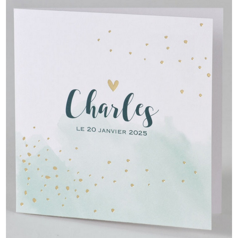 Faire-part baptême chic motif aquarelle vert pâle dorure Faire-part baptême chic motif aquarelle vert pâle dorure