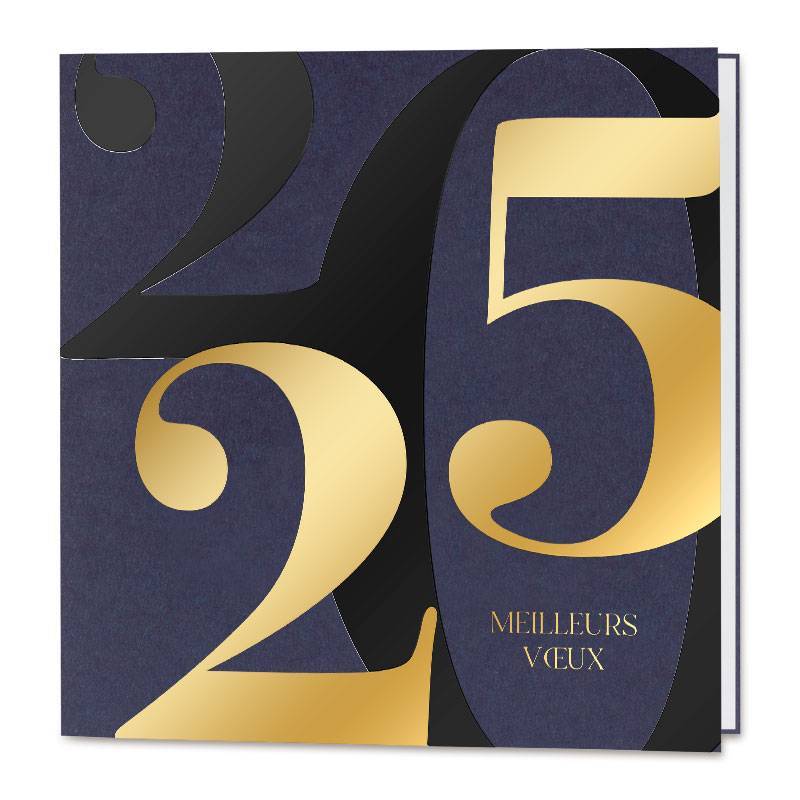 Cartes de vœux spécial entreprise, bleu marine avec chiffres en vernis noir et dorure Cartes de vœux spécial entreprise, bleu marine avec chiffres en vernis noir et dorure