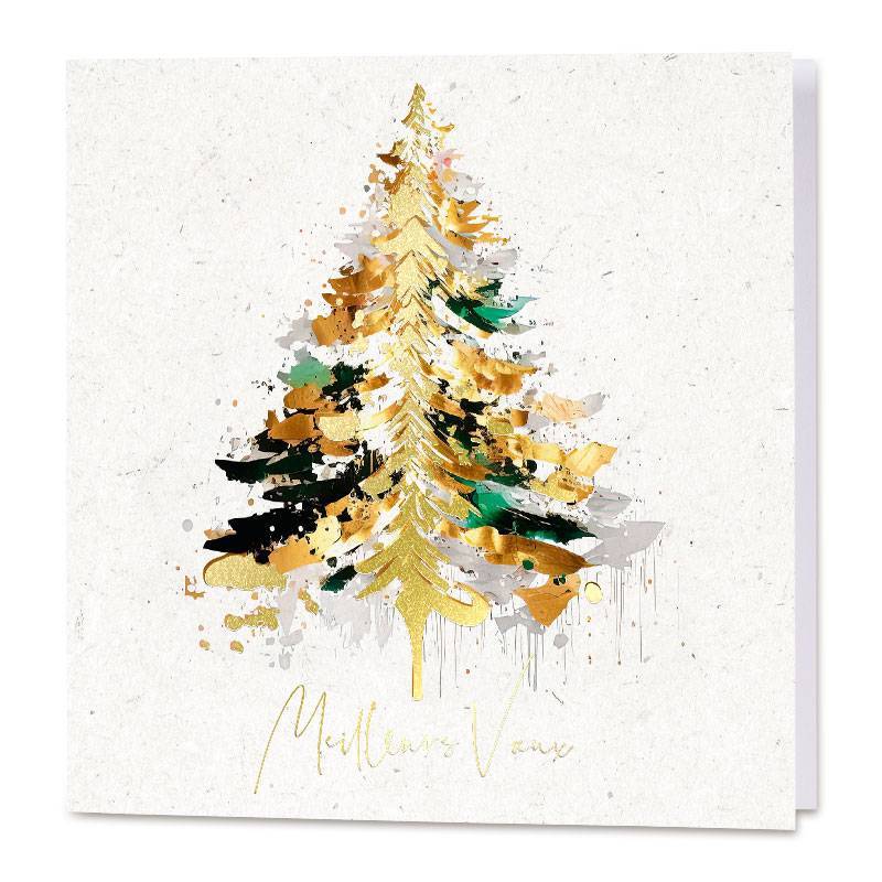 Carte de vœux moderne, illustrée d'un sapin stylisé recouvert d'une dorure micro-texturée Carte de vœux moderne, illustrée d'un sapin stylisé recouvert d'une dorure micro-texturée