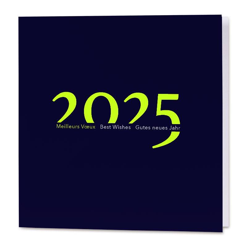 Carte de vœux entreprise, bleu marine avec 2025 en jaune fluo Carte de vœux entreprise, bleu marine avec 2025 en jaune fluo