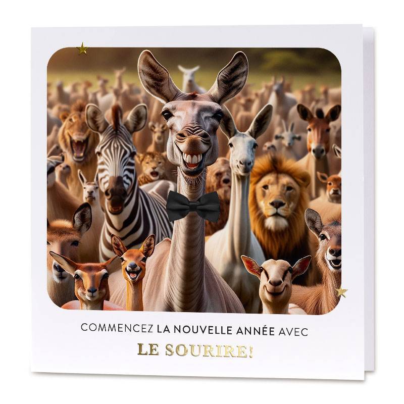 Tous les animaux de la savane se sont réunis sur cette carte de vœux pour vous offrir leur plus beau sourire ! Tous les animaux de la savane se sont réunis sur cette carte de vœux pour vous offrir leur plus beau sourire !