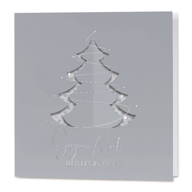 Carte de vœux classique grise avec la forme d'un sapin dessinée en blanc et bordé d'étoiles argentées Carte de vœux classique grise avec la forme d'un sapin dessinée en blanc et bordé d'étoiles argentées