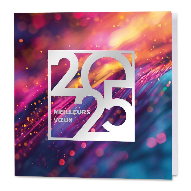 Carte de vœux tendance avec l'année 2025 en chiffres inscrite en argent sur un fond multicolore rappelant les feux d'artifices Carte de vœux tendance avec l'année 2025 en chiffres inscrite en argent sur un fond multicolore rappelant les feux d'artifices