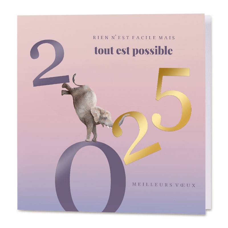 Carte de vœux amusante illustrée d'un éléphant en équilibre sur les chiffres de l'année 2025 Carte de vœux amusante illustrée d'un éléphant en équilibre sur les chiffres de l'année 2025