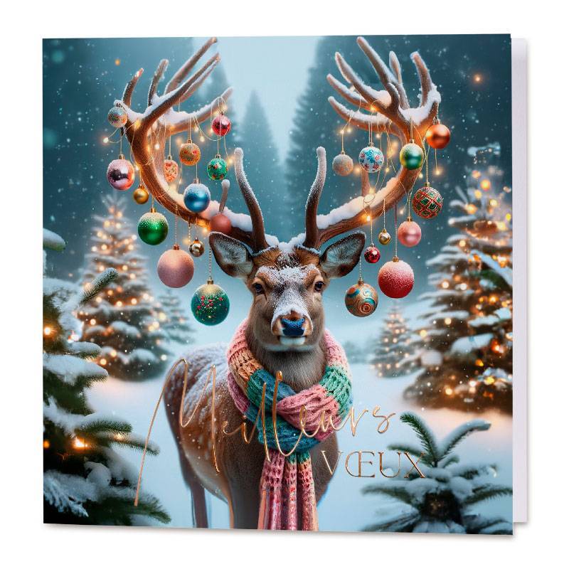 Carte de vœux amusante avec un cerf dont les bois sont décorés de boules de Noël Carte de vœux amusante avec un cerf dont les bois sont décorés de boules de Noël