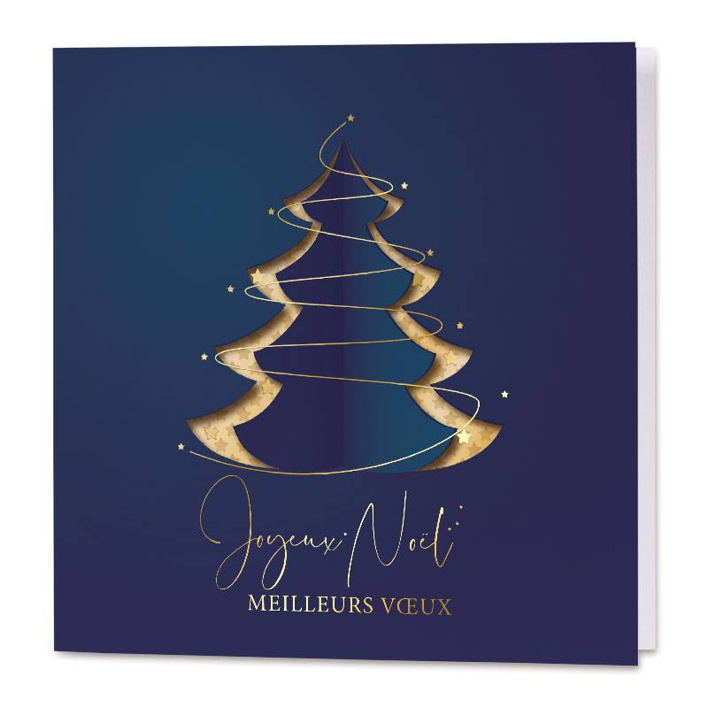 Carte de vœux classique avec silhouette de sapin doré sur fond bleu foncé Carte de vœux classique avec silhouette de sapin doré sur fond bleu foncé