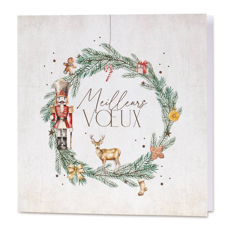 Carte de vœux classique avec dessin traditionnel d'une couronne de Noël décorée Carte de vœux classique avec dessin traditionnel d'une couronne de Noël décorée