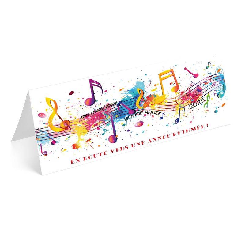 Carte de vœux sur le thème de la musique, avec portée de notes multicolores Carte de vœux sur le thème de la musique, avec portée de notes multicolores