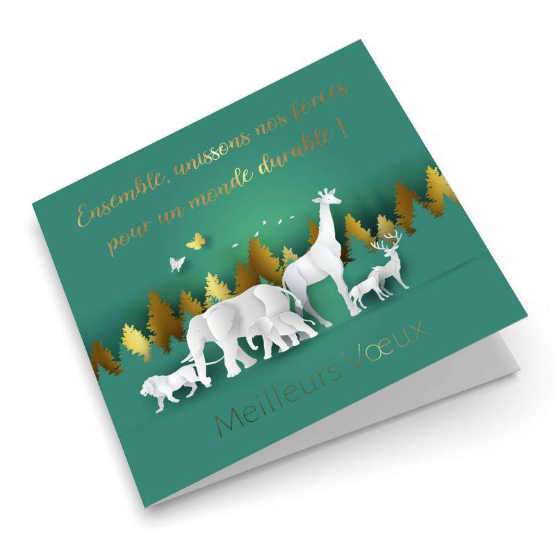Carte de vœux avec animaux de la savane et forêt verte et dorée Carte de vœux avec animaux de la savane et forêt verte et dorée