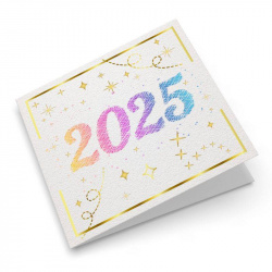 Carte de voeux avec étoiles dorées et l'année 2025 semblant avoir été dessinée au crayon de couleur