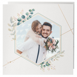 Faire-part de mariage bohème chic avec illustration botanique aquarelle et photo des mariés