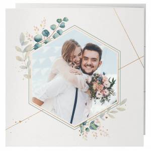Faire-part de mariage bohème chic avec illustration botanique aquarelle et photo des mariés