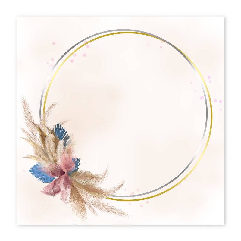 Etiquette autocollant pour demie-bouteille de 37.5 cl illustrée de cercles dorés et argentés et de fleurs de pampa Etiquette autocollant pour demie-bouteille de 37.5 cl illustrée de cercles dorés et argentés et de fleurs de pampa