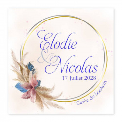 Etiquette pour personnaliser les bouteilles de votre mariage, illustrée de fleurs de pampa bohème