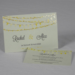 Faire-part mariage élégant invitant vos proches à la fête avec des guirlandes de fanions jaunes vernis