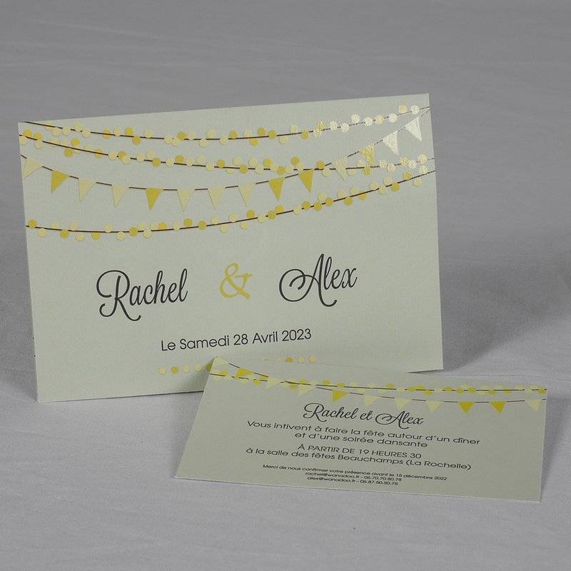 Faire-part mariage élégant invitant vos proches à la fête avec des guirlandes de fanions jaunes vernis