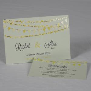 Faire-part mariage élégant invitant vos proches à la fête avec des guirlandes de fanions jaunes vernis