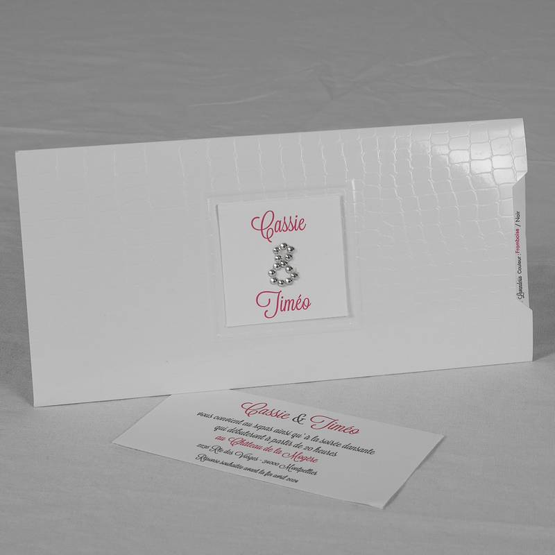 Faire-part pochette coulissant croco blanc avec strass.