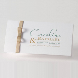 Faire-part élégant, blanc avec un ruban beige satiné et côtelé.