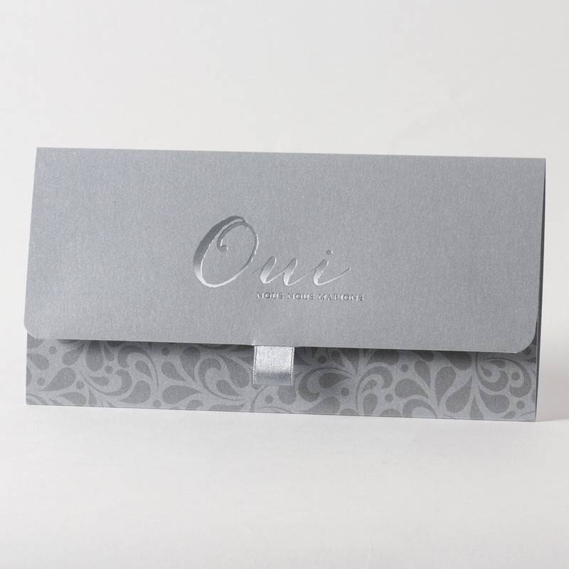 Faire-part en forme de pochette élégante, gris argenté pour annoncer votre union
