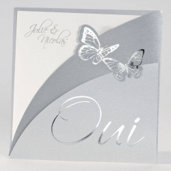 Faire-part gris avec papillons argentés pour annoncer votre mariage élégant