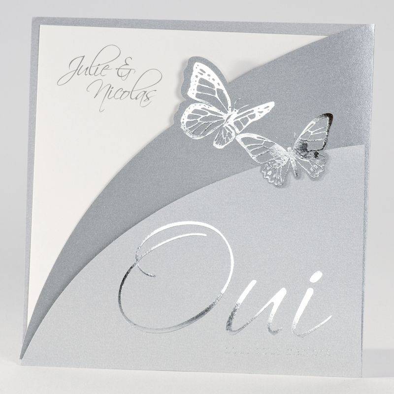 Faire-part gris avec papillons argentés pour annoncer votre mariage élégant