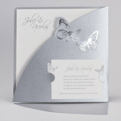 Faire-part de mariage argenté avec papillons et carton d'invitation à personnaliser
