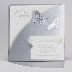 Faire-part de mariage argenté avec papillons et carton d'invitation à personnaliser
