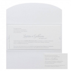 Faire-part de mariage pochette blanche ouverte, laissant apparaitre les cartons personnalisables