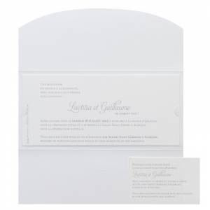 Faire-part de mariage pochette blanche ouverte, laissant apparaitre les cartons personnalisables