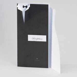 Faire-part s'ouvrant laissant apparaitre une carte d'invitation pour la réception de mariage
