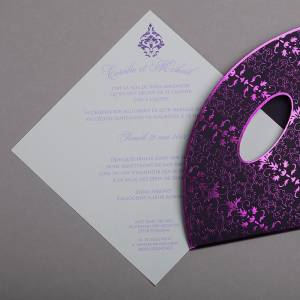 Faire-part de mariage personnalisable à insérer dans une pochette en losange