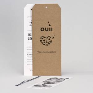 Faire-part en trois volets, façon marque-page, avec un des volets kraft.