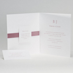 Faire-part de mariage en deux volets, blanc avec ruban rose et deux cartons d'invitation