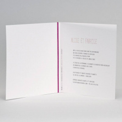Faire-part de mariage blanc avec ruban fuchsia. La date du mariage est annoncée par vos enfants.