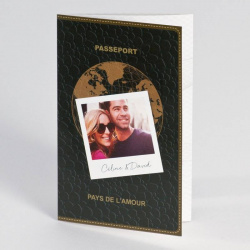 Faire-part original en forme de passeport à personnaliser avec votre annonce mariage et vos photos