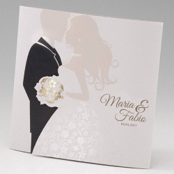 Faire-part de mariage romantique, dessin d'un couple de mariés avec bouquet doré