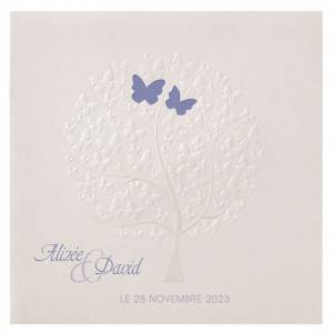 Faire-part mariage arbre à papillons avec papillon violets